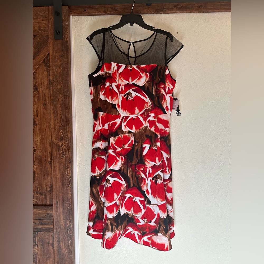 Liz Claiborne Floral Red and Black Dress with Sheer top. New with tags. Size 16